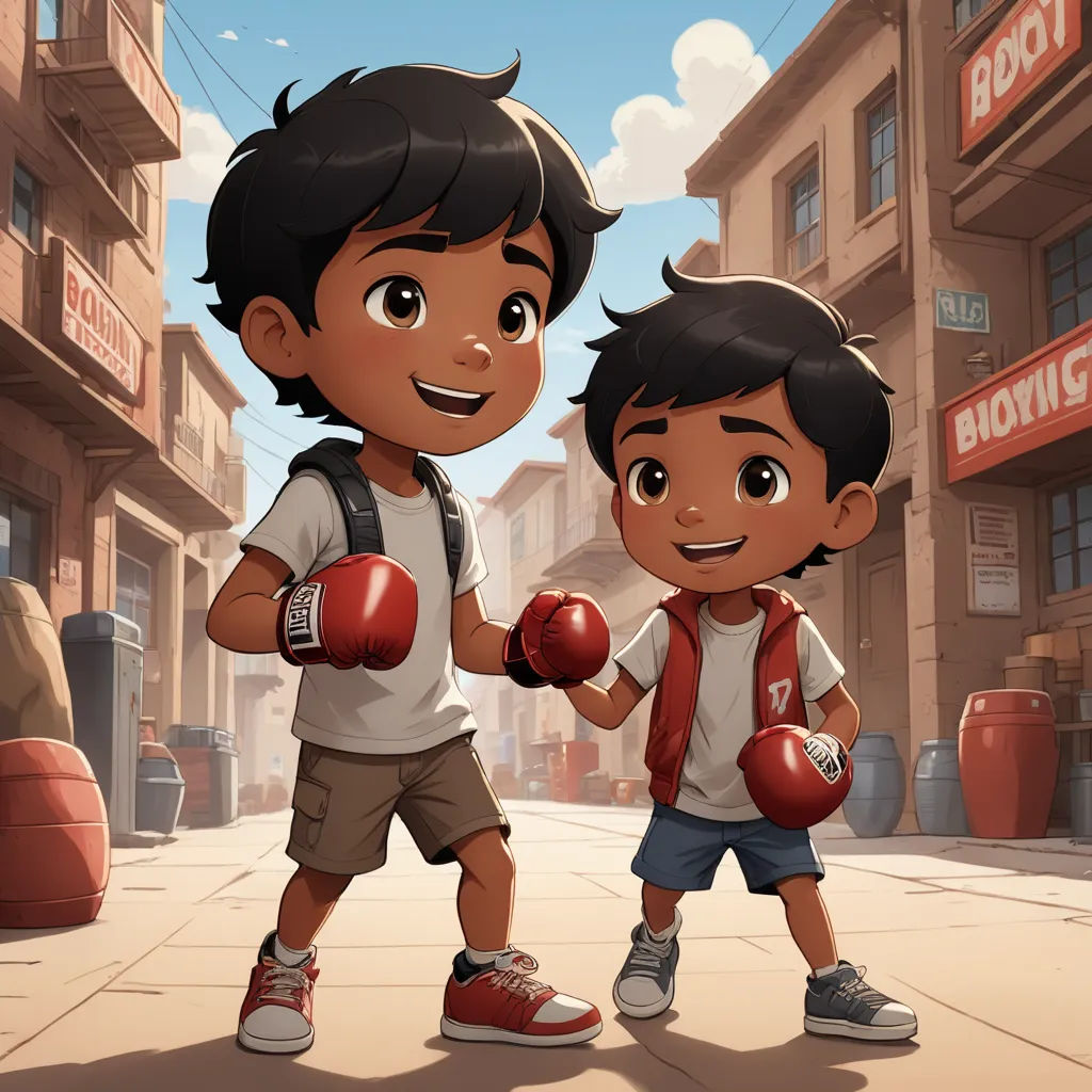two children with boxing gloves on a city street with buildings in the background and a sign that says boxing, sots art, concept art, Eddie Mendoza, key art