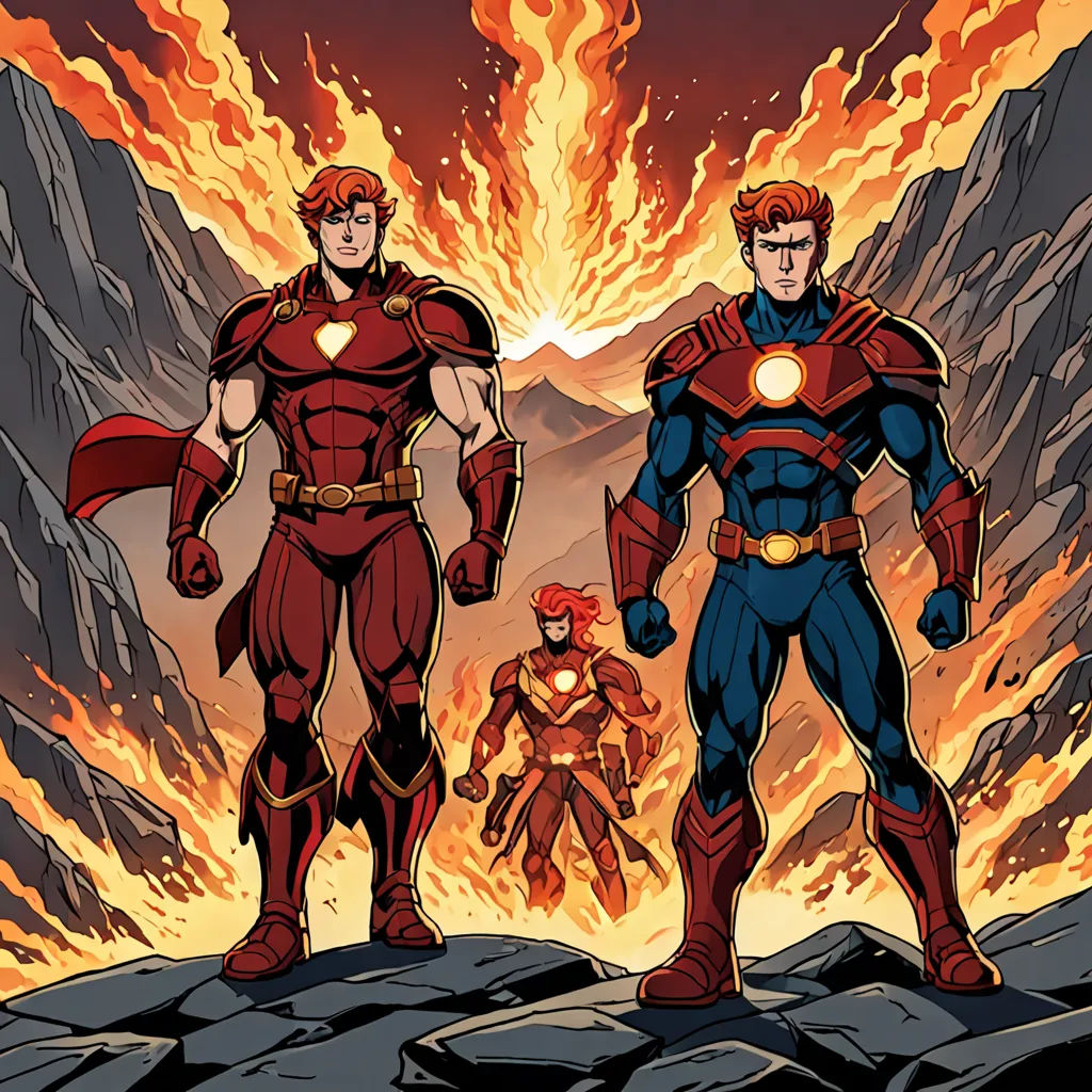 two superheros standing in front of a fire filled mountain with flames in the background and a man in the foreground, rayonism, a comic book panel, Benjamin Marra, comic cover art