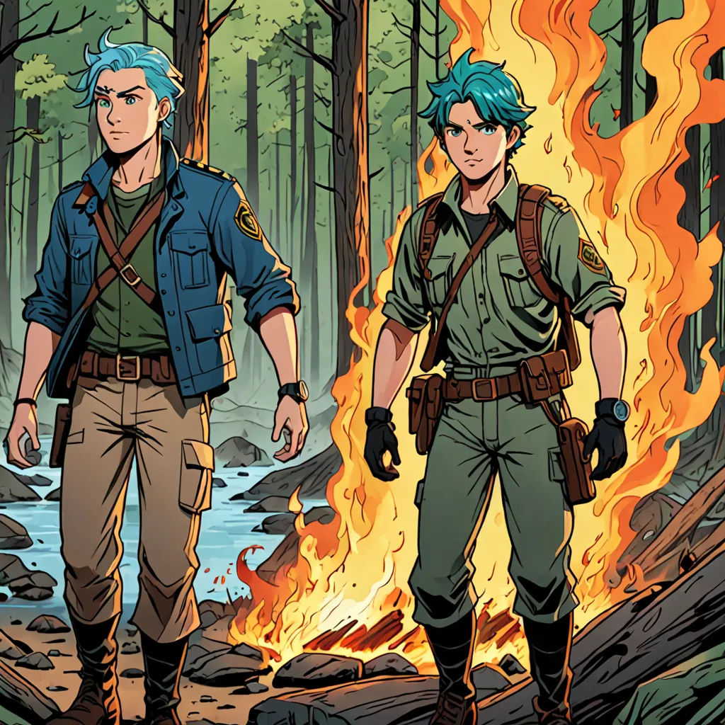 two men in uniforms standing in front of a fire in the woods with a forest background and a stream of water, sots art, concept art, Brothers Hildebrandt, comic cover art
