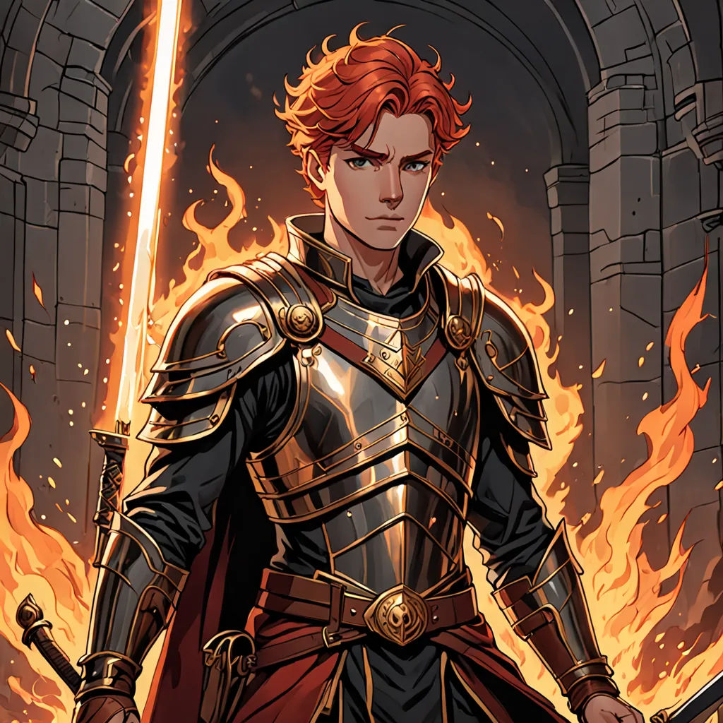 a man in a suit of armor holding a sword and a sword in his hand with flames behind him, fantasy art, a character portrait, Cedric Seaut (Keos Masons), epic fantasy character art