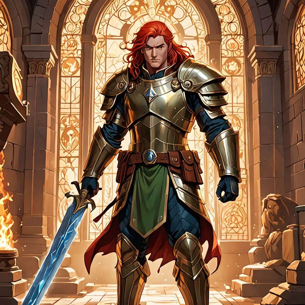 a man in armor holding a sword in a room with a fire in the background and a window in the background, altermodern, concept art, Clint Cearley, magic the gathering artwork