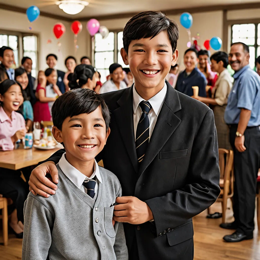 a boy and a boy in a suit and tie posing for a picture in front of a crowd of people, heidelberg school, a stock photo, Byeon Sang-byeok, promotional image