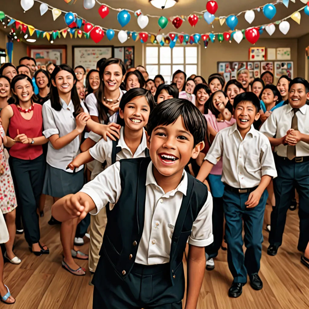 a group of children and adults dancing in a room with balloons and streamers on the ceiling and a man in a vest, quito school, a stock photo, Fernando Amorsolo, promotional image