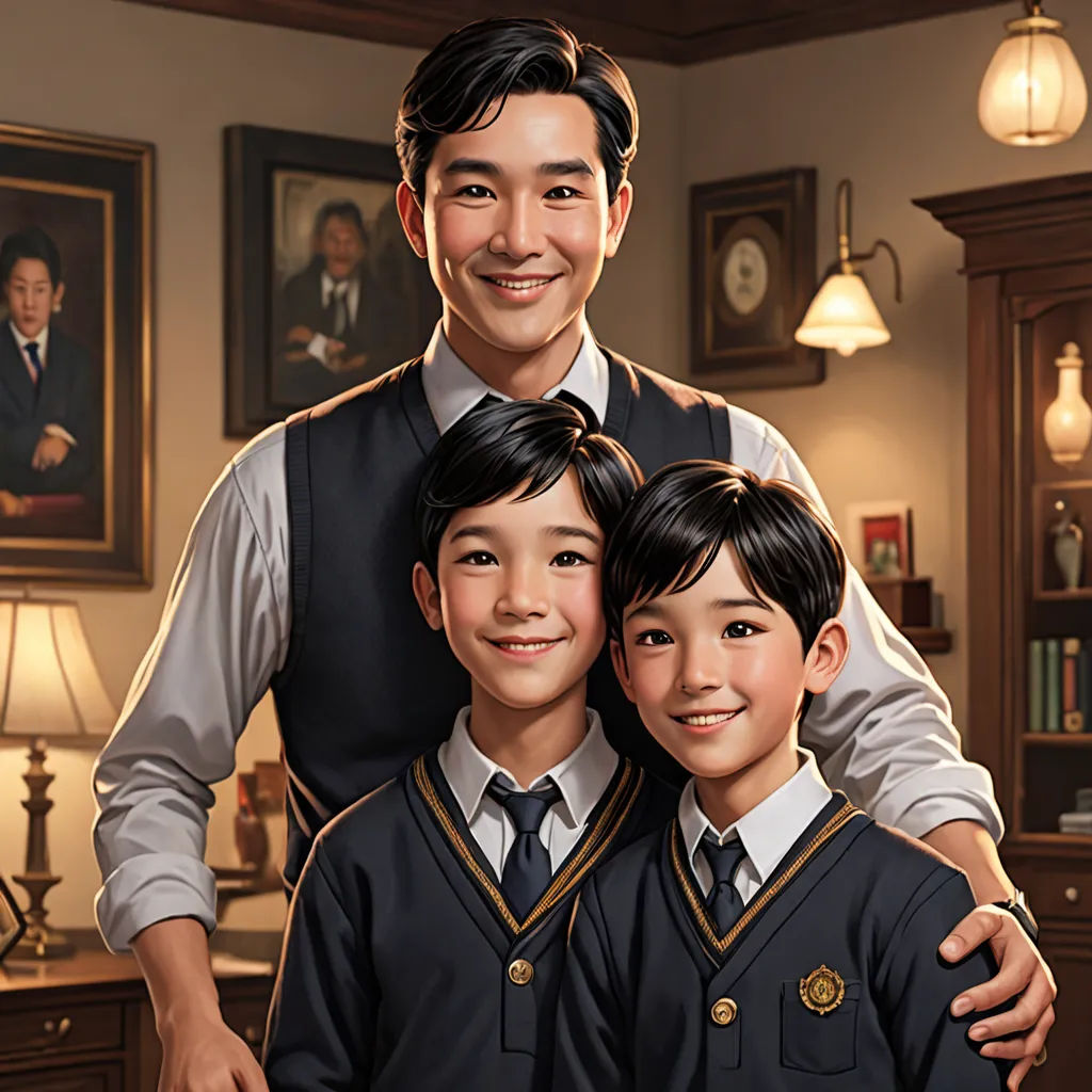 a man and two children are standing in front of a portrait of a man and two children in school uniforms, american scene painting, a character portrait, Brothers Hildebrandt, official art