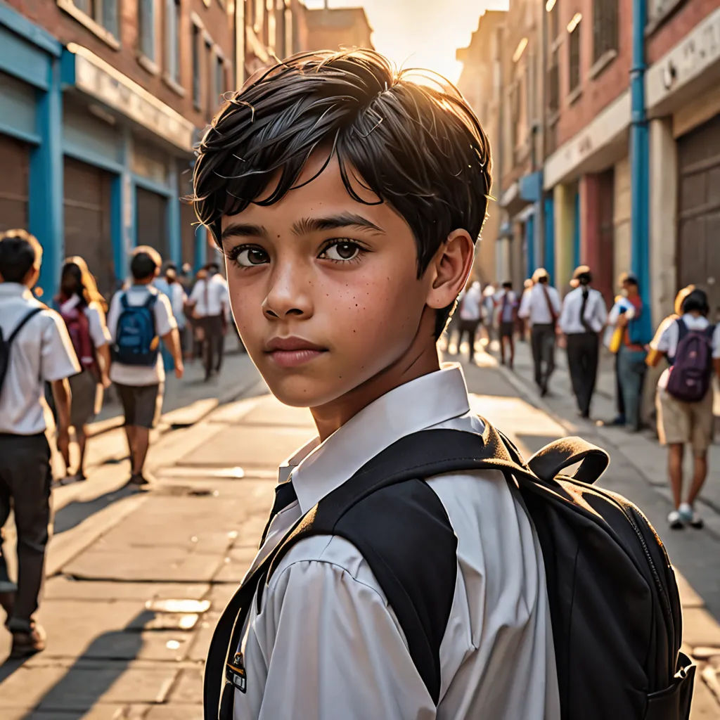 a young boy with a backpack on a street with people walking by him and a building in the background, quito school, a poster, Bikash Bhattacharjee, anamorphic lens flare