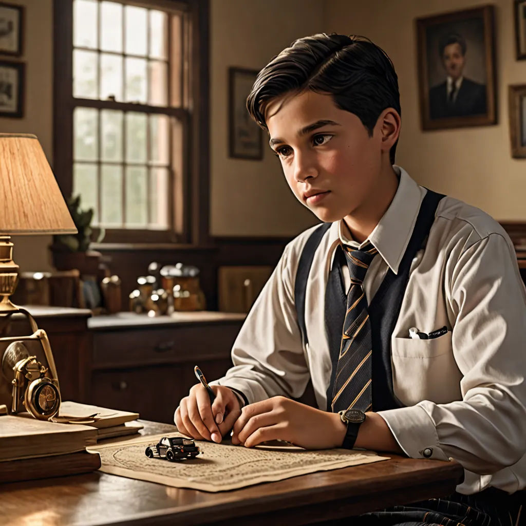 a young man sitting at a desk writing on a piece of paper with a lamp on top of it, heidelberg school, a detailed matte painting, Fletcher Martin, promotional image