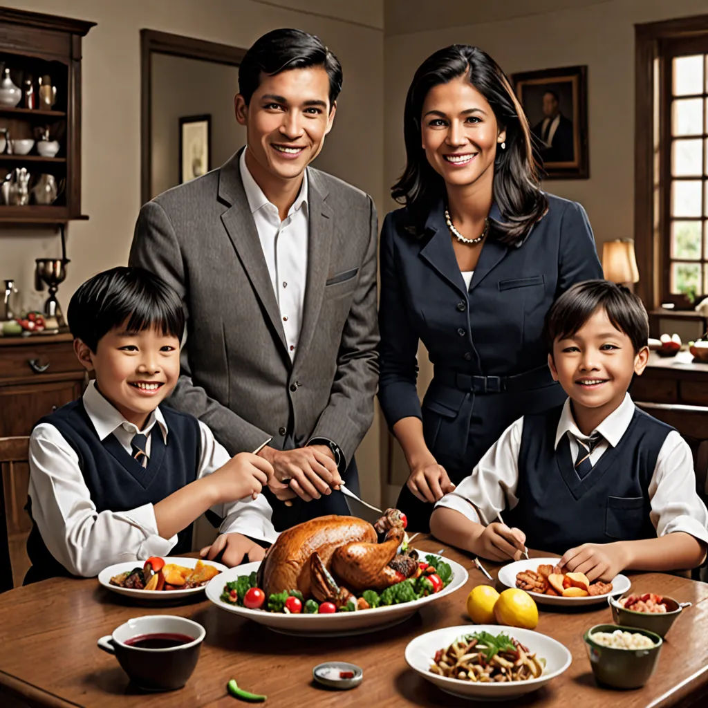 a family is posing for a picture with a turkey on a table in a kitchen with a large family, dau-al-set, a still life, Andrew Law, promotional image