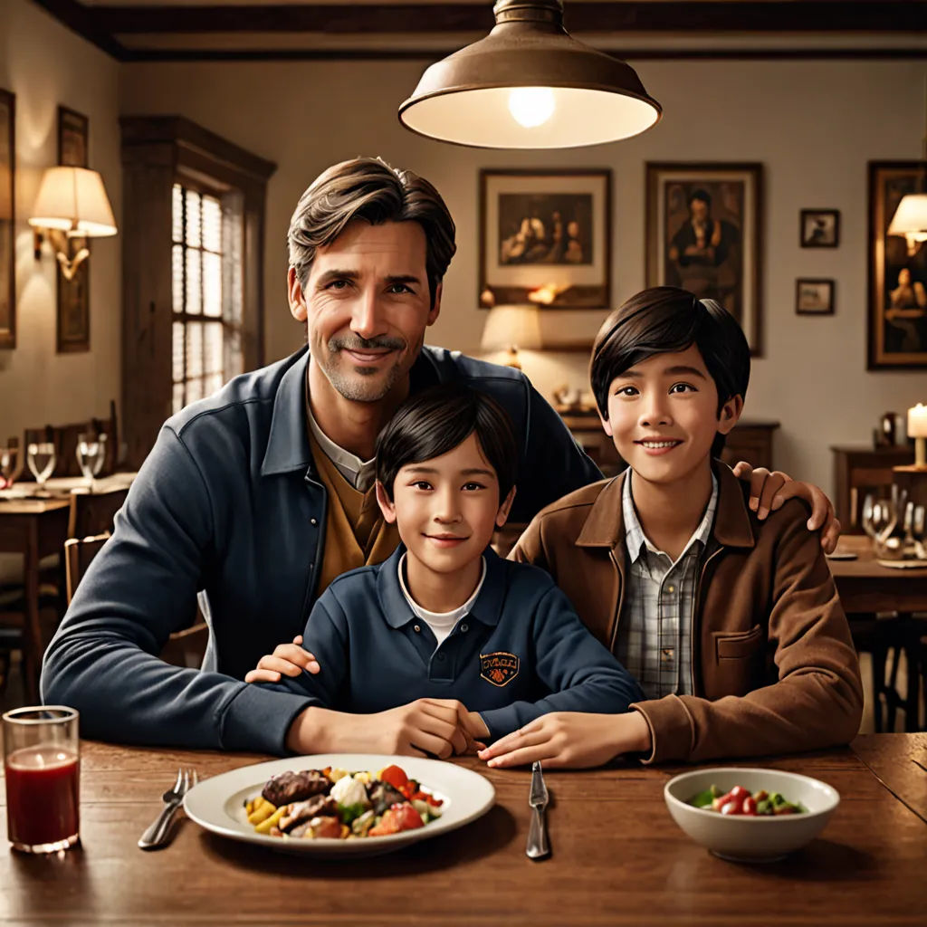 a man and two boys sitting at a table with a plate of food in front of them and a glass of juice, heidelberg school, a storybook illustration, Christian Hilfgott Brand, promotional image