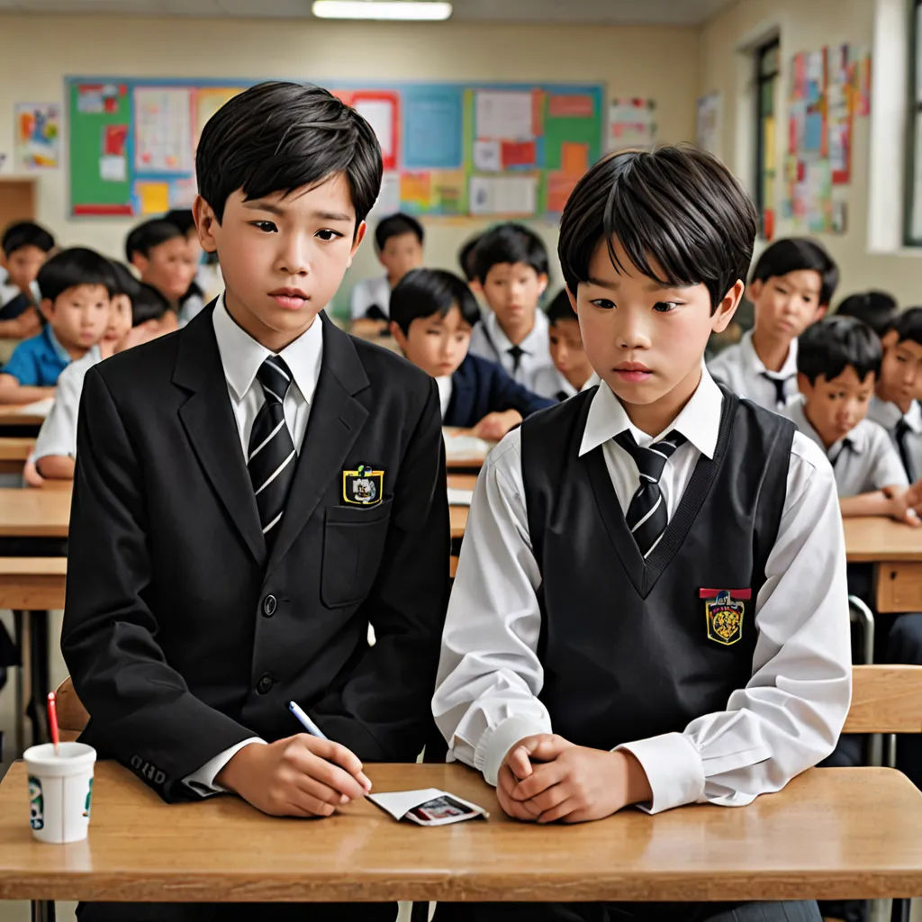 two boys sitting at desks in a classroom with other students in the background looking at the camera and writing, naive art, a hologram, Andreas Gursky, movie still