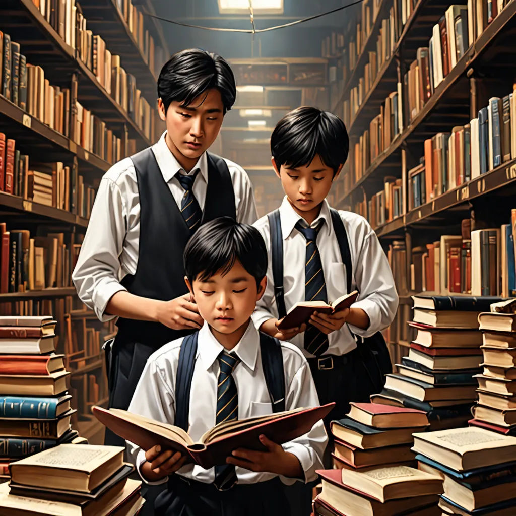 three boys are reading books in a library with bookshelves full of books behind them and one boy is wearing a tie, fantastic realism, a hyperrealistic painting, Brad Kunkle, official art