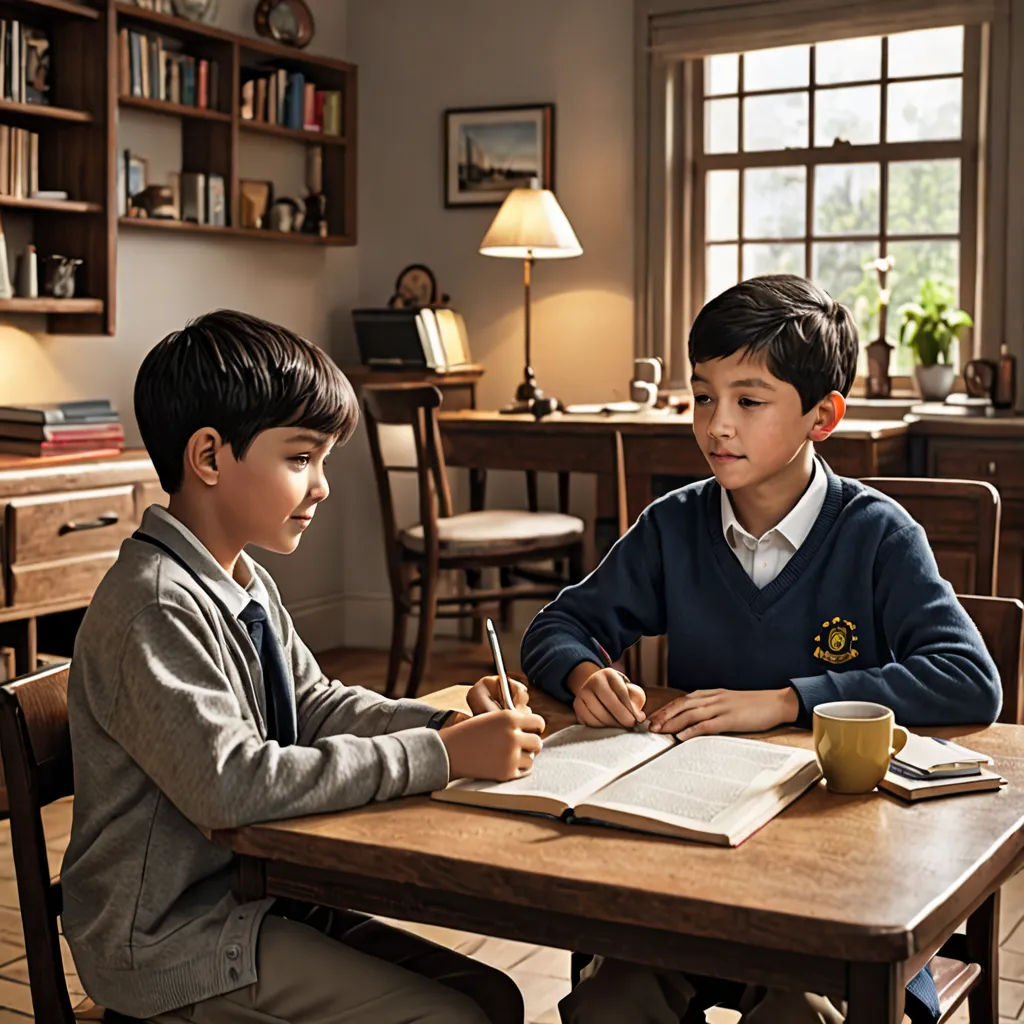 two boys sitting at a table writing on a book and a cup of coffee in front of them,, heidelberg school, a storybook illustration, Art & Language, promotional image