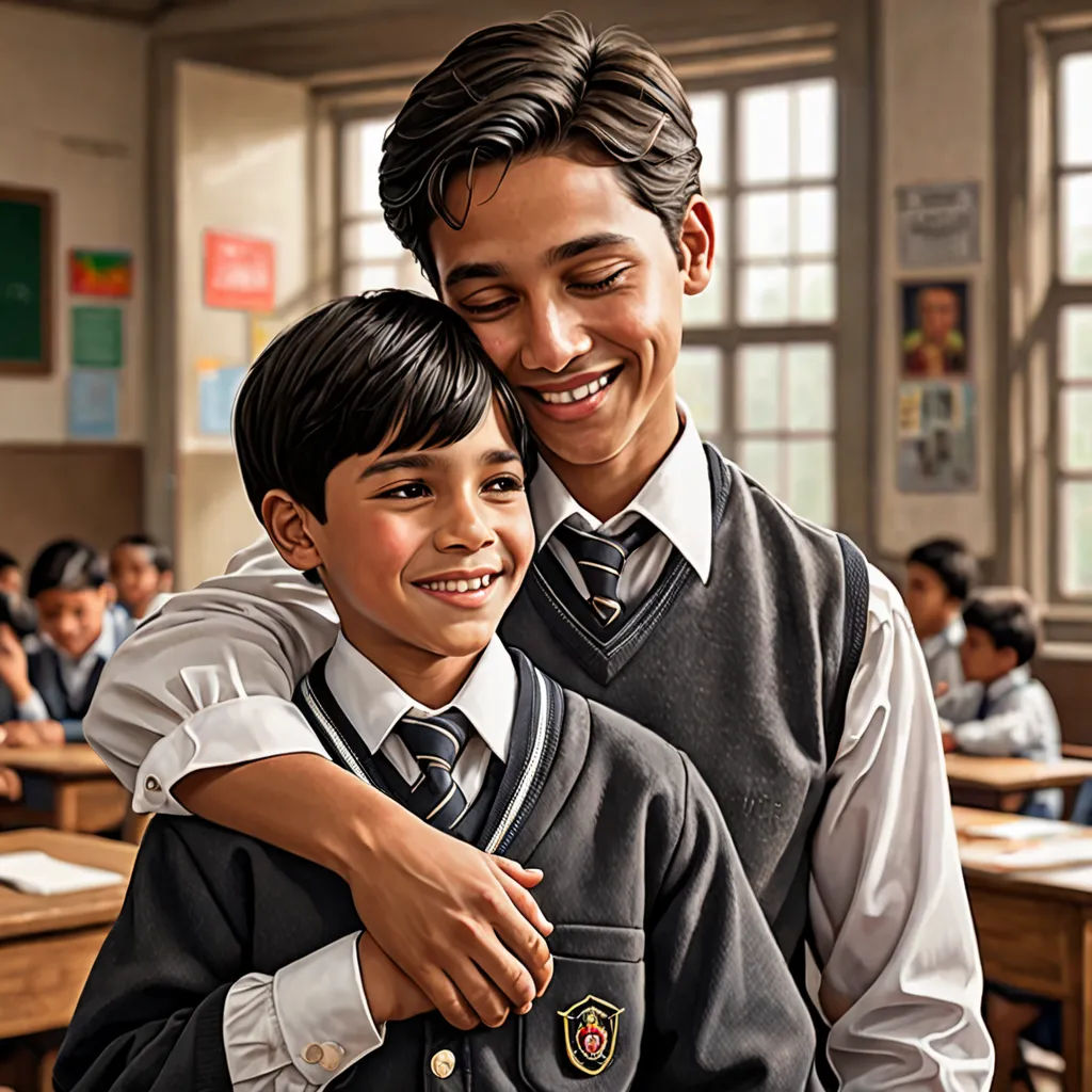 a boy and a boy in a classroom hugging each other and smiling at the camera with a teacher in the background, bengal school of art, an oil painting, Brothers Hildebrandt, oil on canvas. cinematic