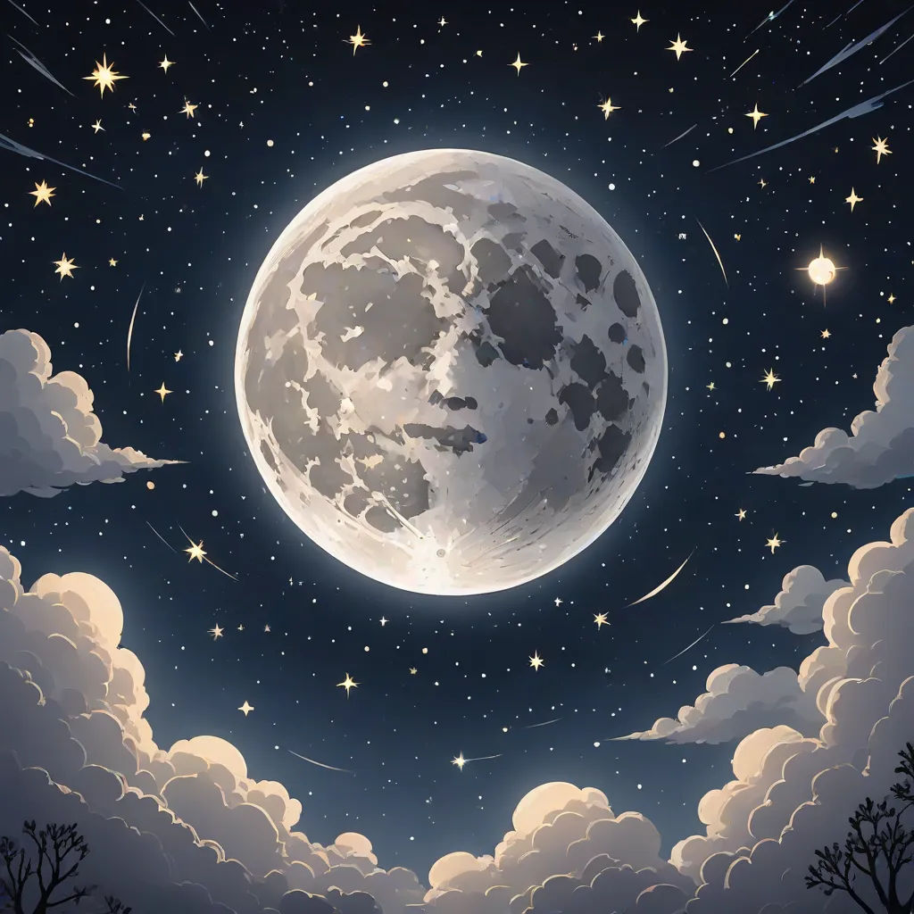 a full moon with stars in the sky above clouds and trees in the foreground, and a few stars in the sky above, a detailed painting, Cyril Rolando, space art, moon