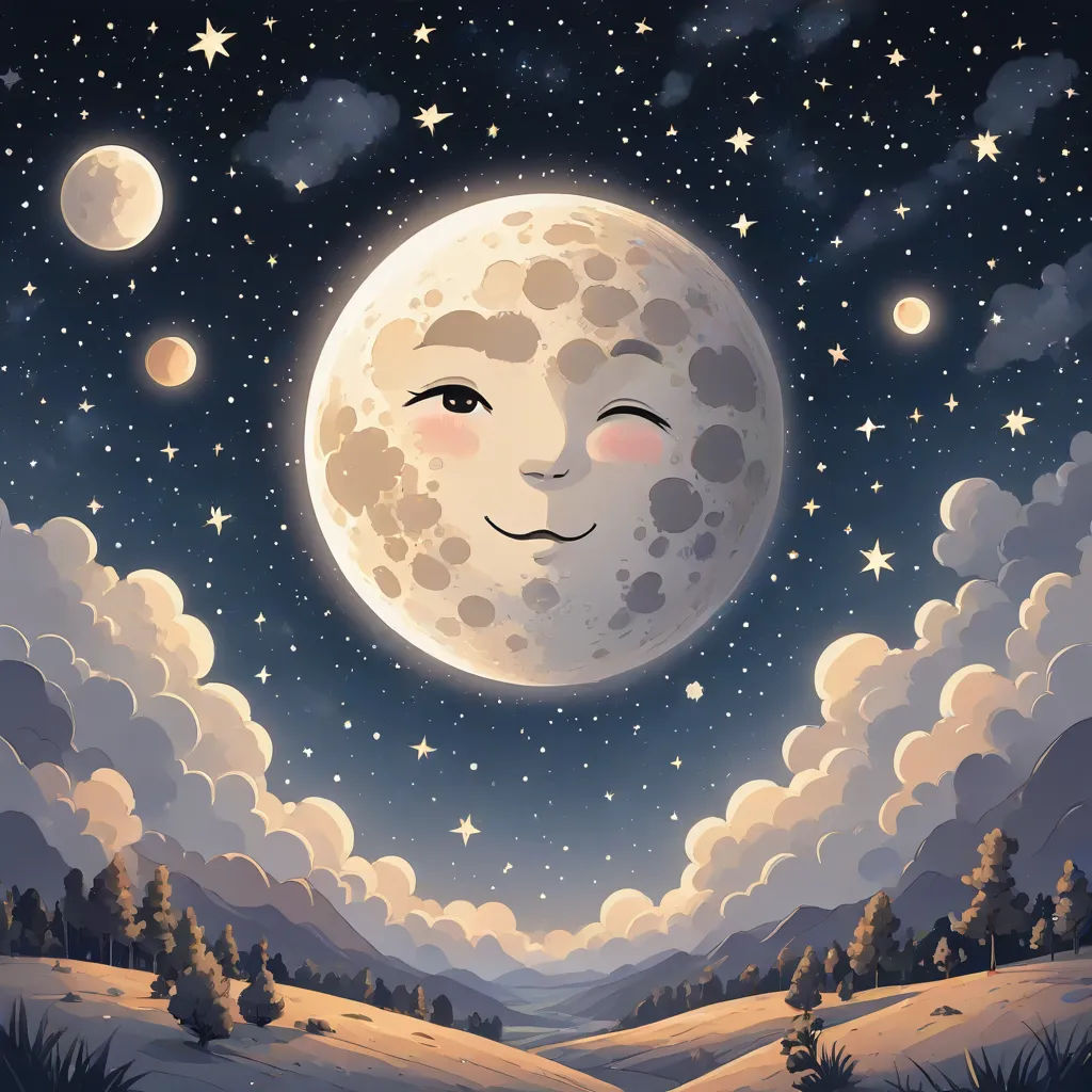 a painting of a full moon with a face in the sky above a snowy landscape with trees and mountains, a storybook illustration, Chris LaBrooy, space art, moon