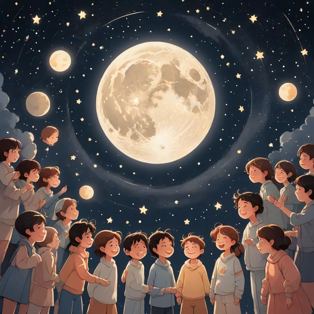 a group of children standing in front of a full moon with paper lanterns in the sky above them and a full moon in the background, a storybook illustration, Fan Qi, space art, moon