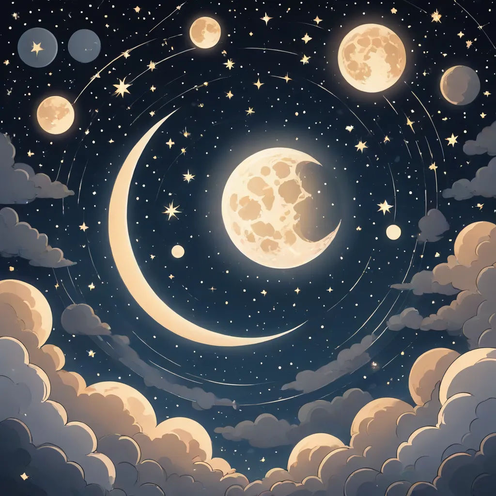 a painting of a night sky with stars and a crescent moon with clouds and stars in the sky with a full moon in the sky, a storybook illustration, Chris LaBrooy, space art, moon