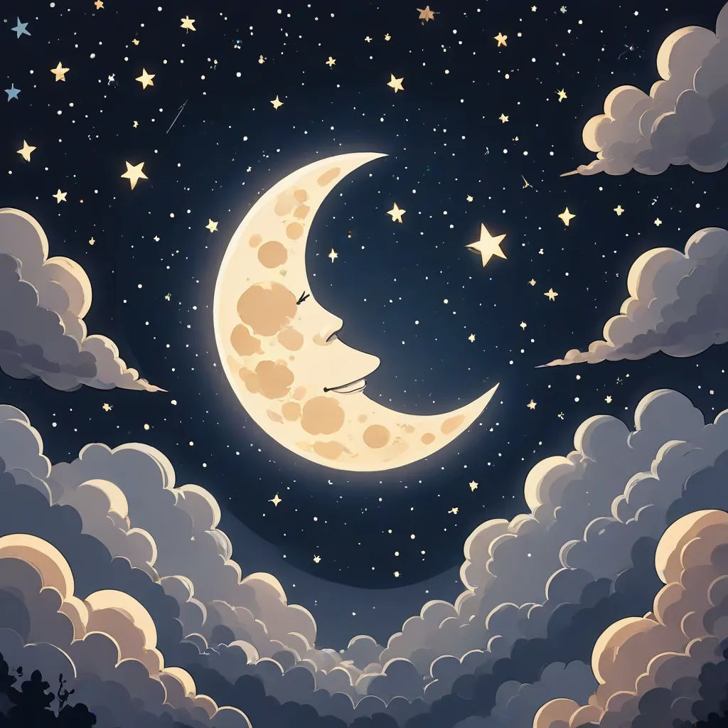 a painting of a crescent moon in the night sky with stars and clouds around it, with a dark blue sky with white clouds and stars, a storybook illustration, Chris LaBrooy, space art, moon