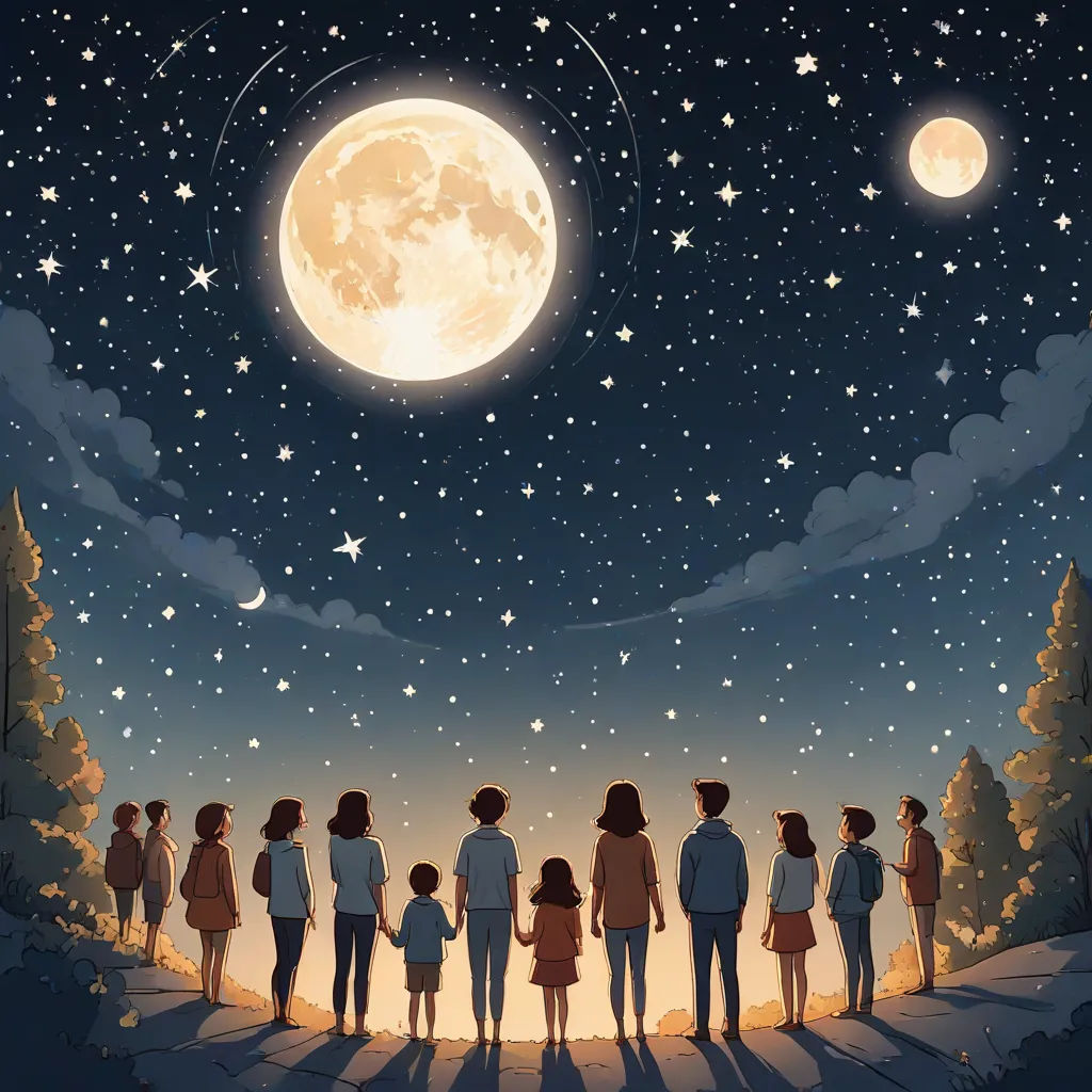 a family looking at the stars and the moon in the sky above them, with a full moon in the sky, a storybook illustration, Chris LaBrooy, space art, moon