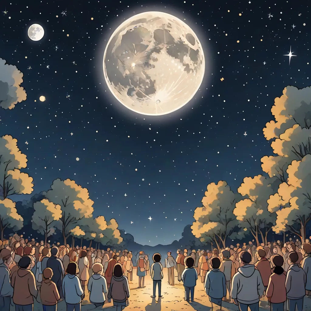 a crowd of people standing in front of a full moon with trees and a sky full of stars and a full moon, a storybook illustration, Asaf Hanuka, magical realism, josan gonzales and dan mumford