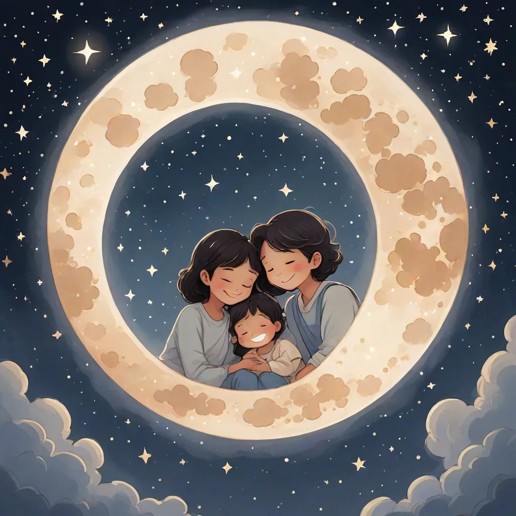 a couple of kids that are sitting on a moon together with a baby in their lap and a baby in the lap, a storybook illustration, Atey Ghailan, space art, moon