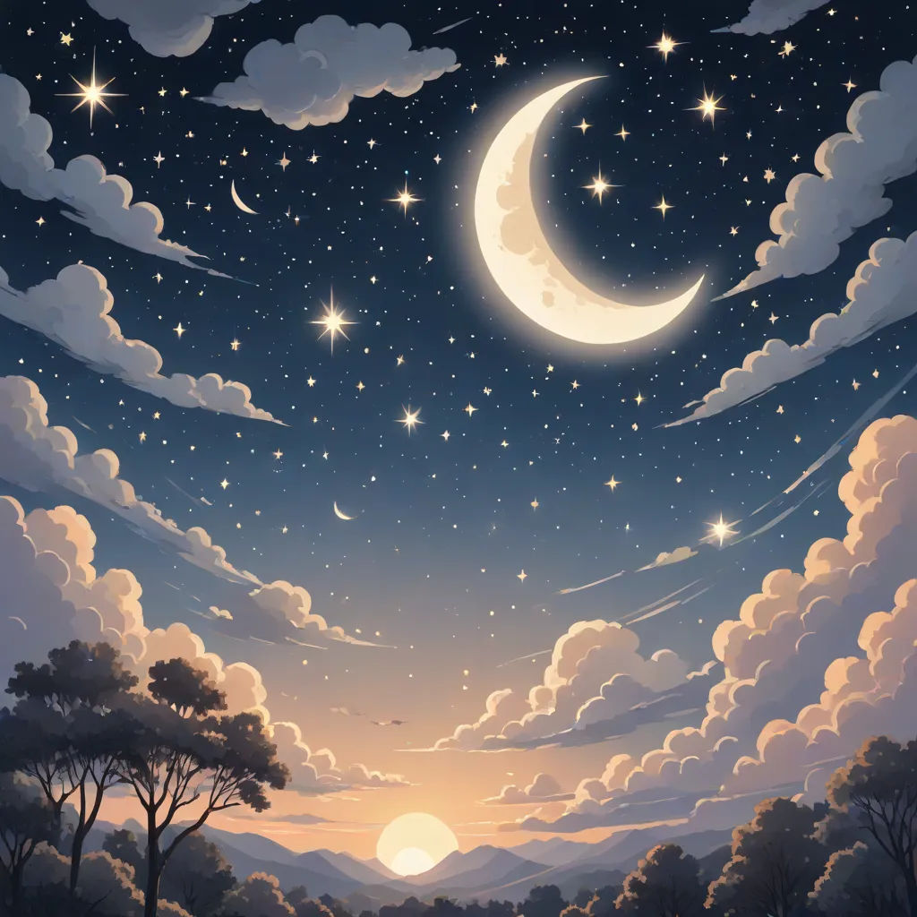 a painting of a night sky with a crescent and stars above a forest with trees and a hill with a few clouds, a detailed painting, Chris LaBrooy, space art, night sky