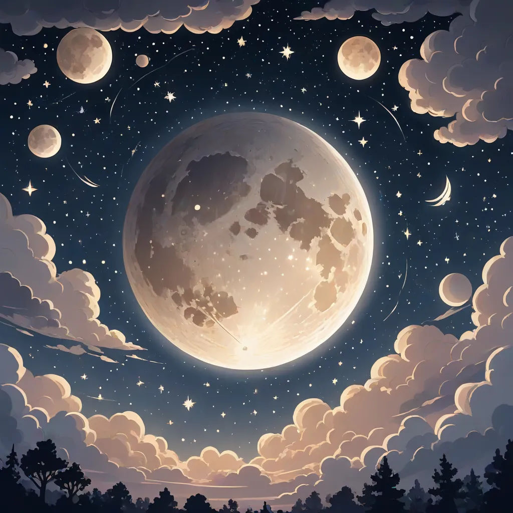 a painting of a full moon with clouds and stars in the sky above it and trees below it, with a blue sky with white clouds and stars, a detailed painting, Chris LaBrooy, space art, moon
