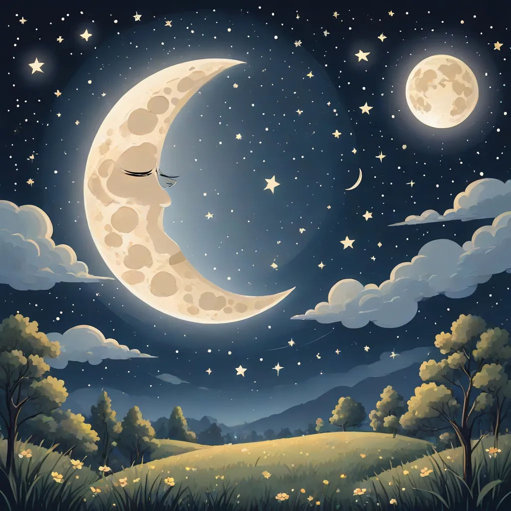 a painting of a night sky with a crescent moon and stars above a field of grass and trees with a hill in the background, a storybook illustration, Chris LaBrooy, space art, moon