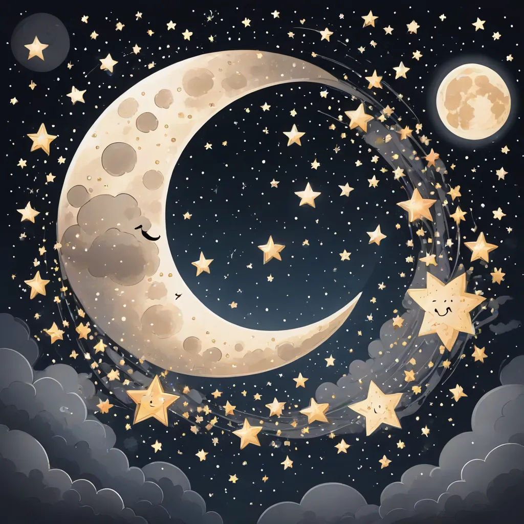 a crescent with stars and a crescent moon in the sky with clouds and stars around it, with a full moon in the sky, a storybook illustration, Felix-Kelly, space art, moon