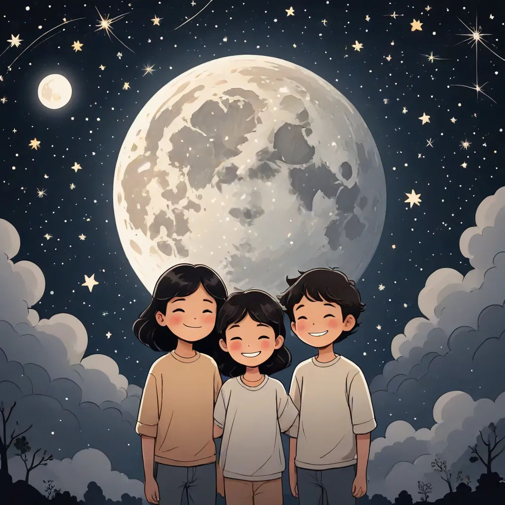 three children standing in front of a full moon with stars in the sky above them and a full moon in the background, a storybook illustration, Atey Ghailan, space art, trending on art station