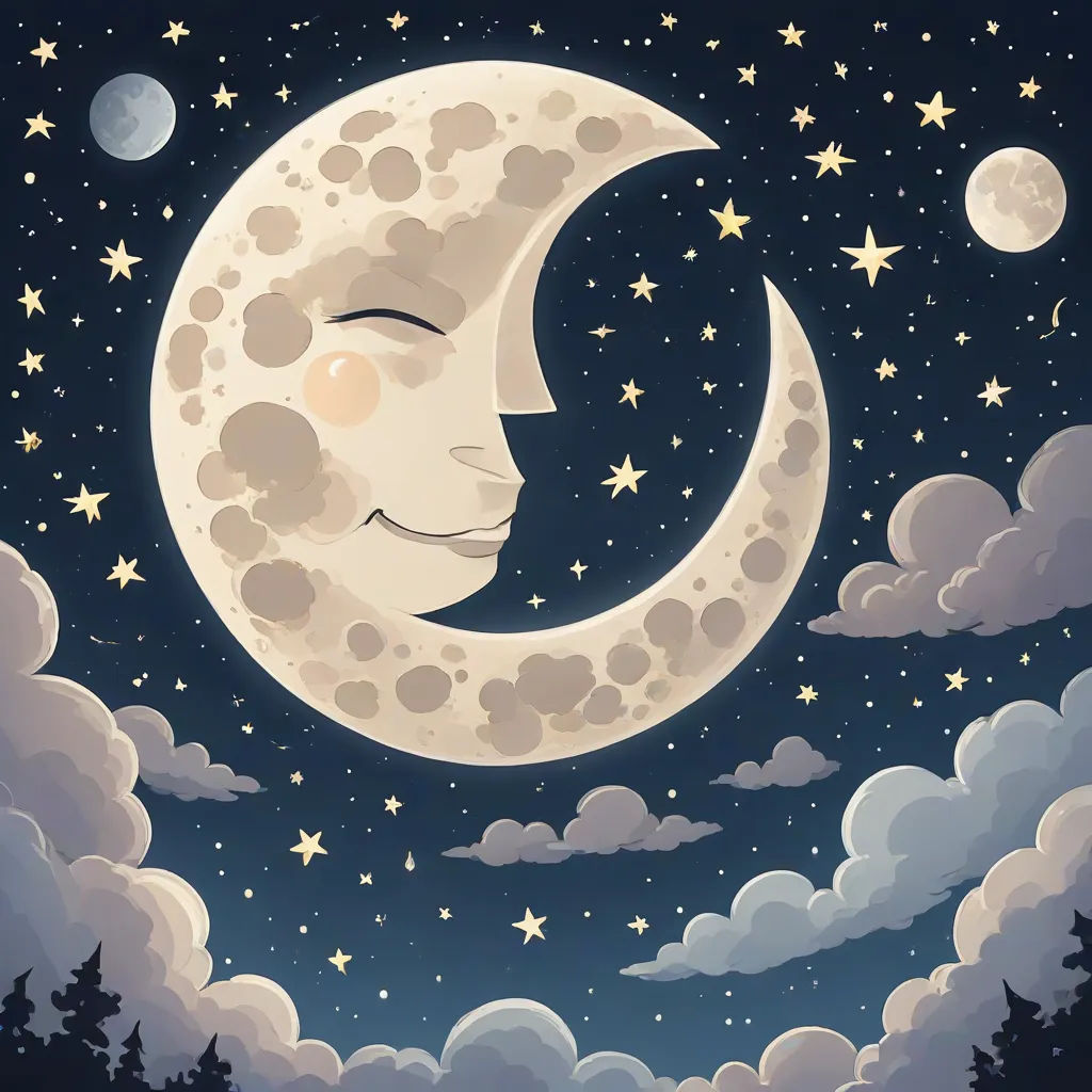 a painting of a crescent moon with clouds and stars in the sky above it and a night sky with stars and clouds, a storybook illustration, Elinor Proby Adams, space art, moon