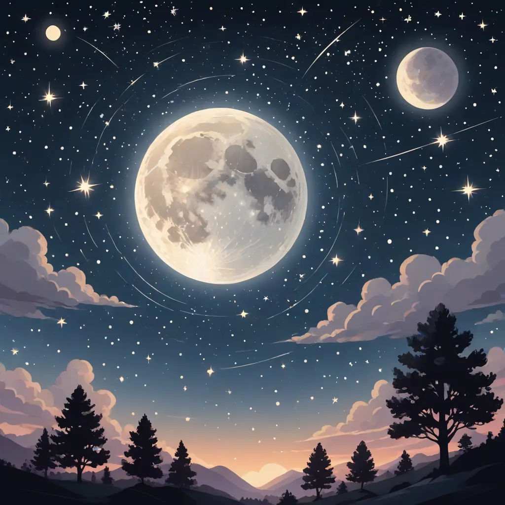 a full moon is seen in the sky above a forest at night with stars and clouds in the sky, a detailed painting, Chris LaBrooy, space art, night sky