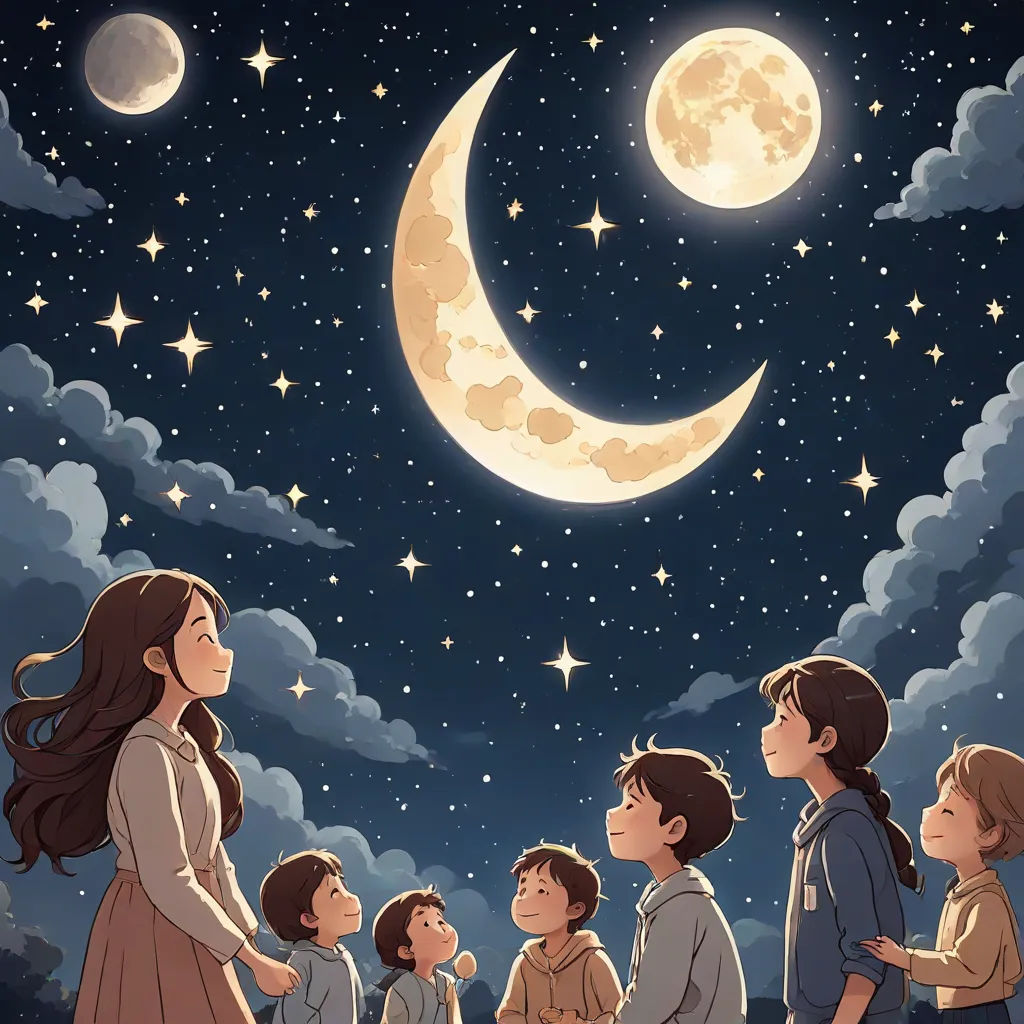 a group of children standing in front of a full moon with a sky full of stars and clouds behind them, a storybook illustration, Atey Ghailan, space art, moon