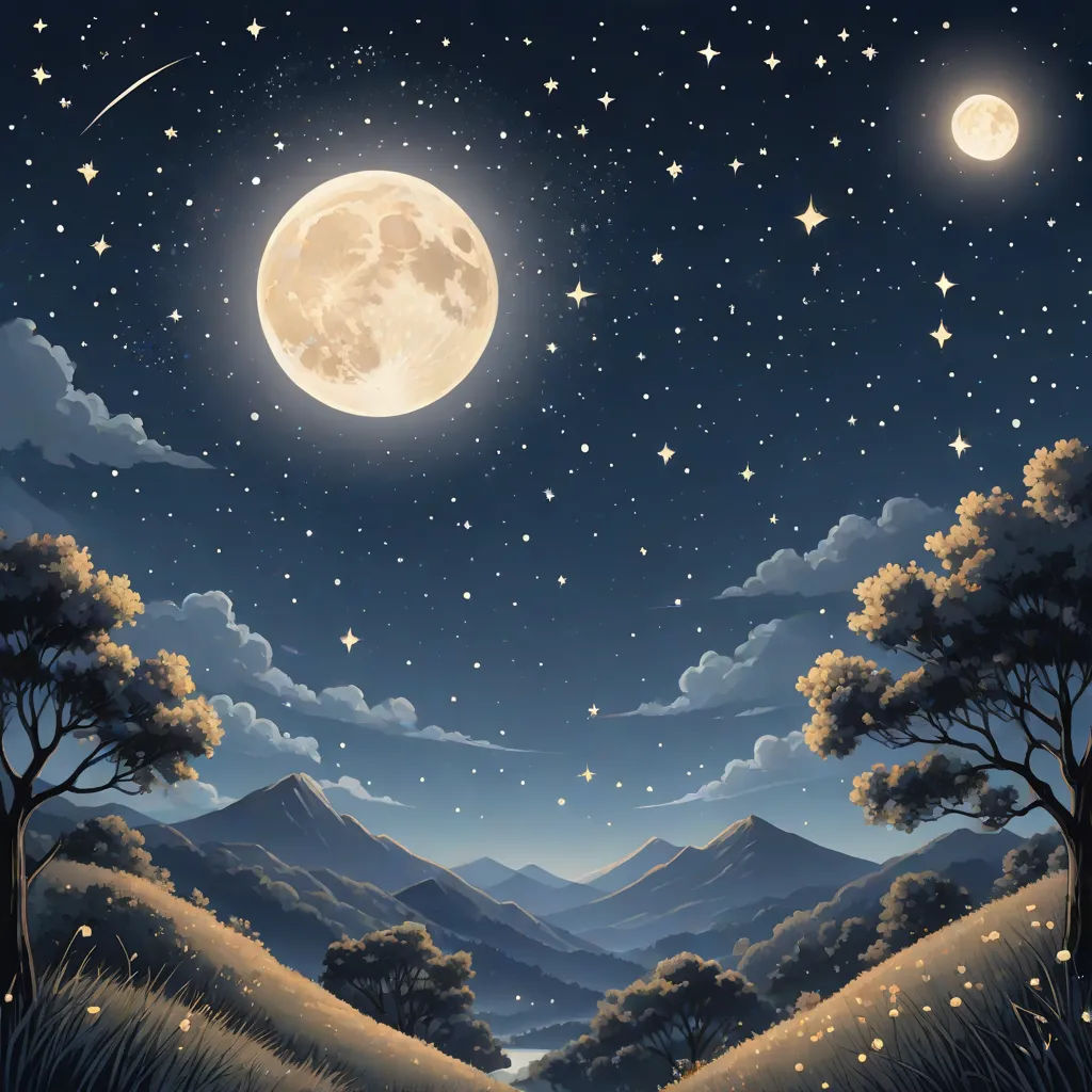 a painting of a night scene with a full moon and stars above a mountain range with trees and a stream, a detailed matte painting, David A Hardy, space art, night sky
