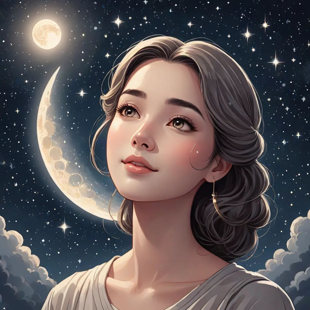 a woman with a crescent moon and stars in the background is looking up at the sky with a crescent moon in the foreground, a detailed painting, Artgerm, space art, rossdraws global illumination