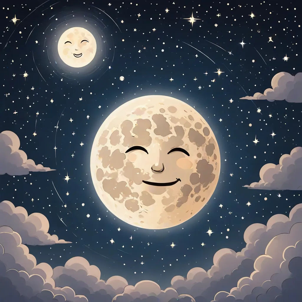 a full moon with a face in the sky with clouds and stars around it and a smiling face on the moon, a storybook illustration, Chris LaBrooy, space art, moon