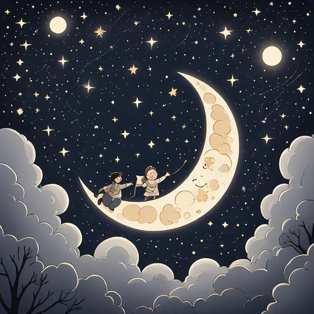 two children sitting on a crescent moon with stars in the sky above them and a night sky with stars and clouds, a storybook illustration, Arthur Pan, fantasy art, storybook illustration