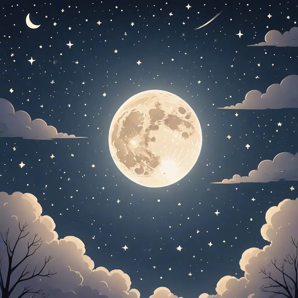 a full moon is seen in the sky above clouds and trees in the night sky with stars and clouds, a storybook illustration, Chris LaBrooy, space art, moon