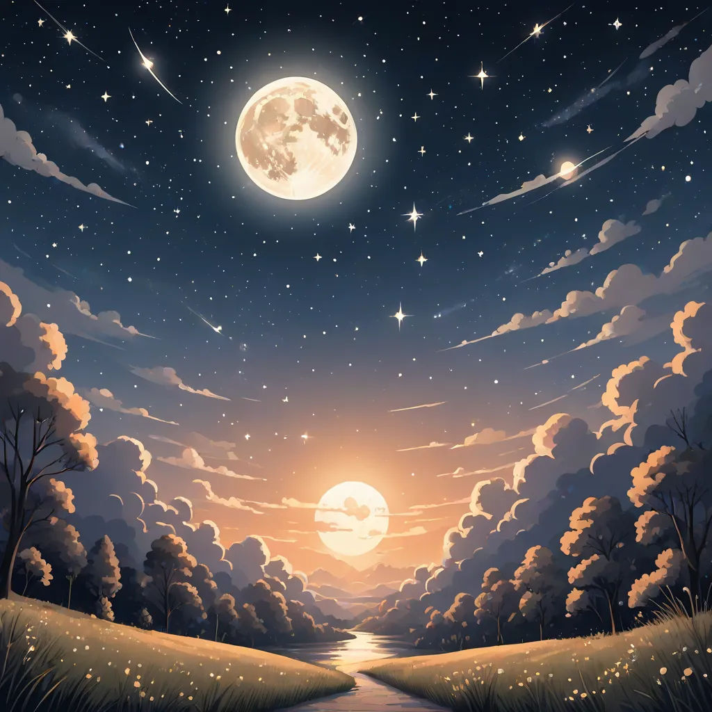 a painting of a night sky with stars and a moon over a river and trees with a path leading to it, a detailed matte painting, Cyril Rolando, space art, night sky