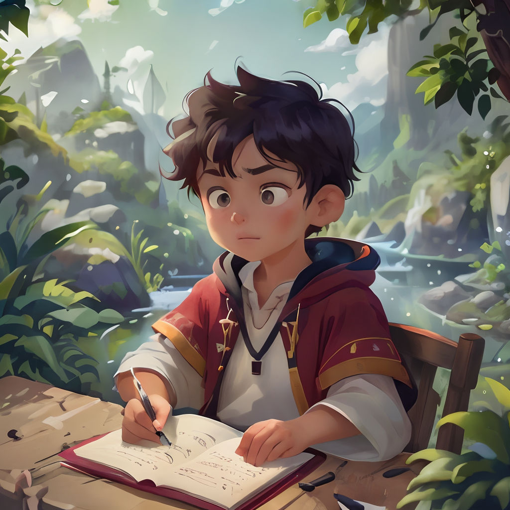 a boy sitting at a table writing on a book with a forest background behind him and a river running through the forest