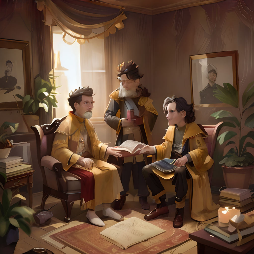 a painting of two men in period costumes sitting in a room with a book and a candle in their hands