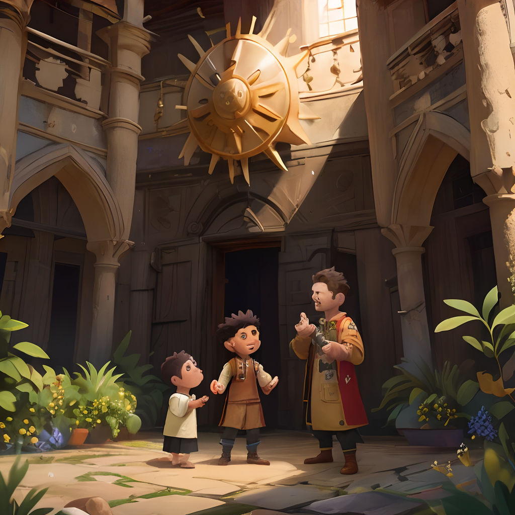 a cartoon scene of a family in a palace with a sun in the background and a sun in the middle of the scene