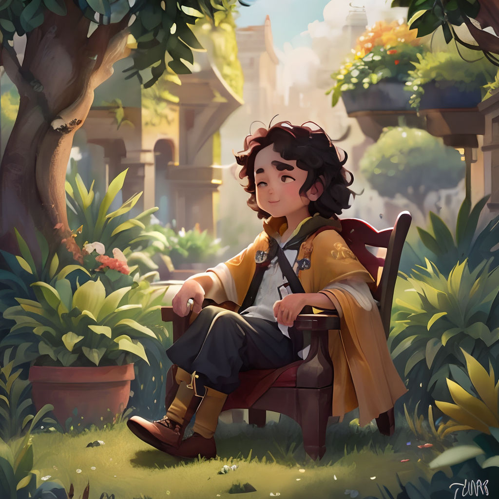 a boy sitting on a bench in a garden with a tree and flowers in the background, with a house in the background