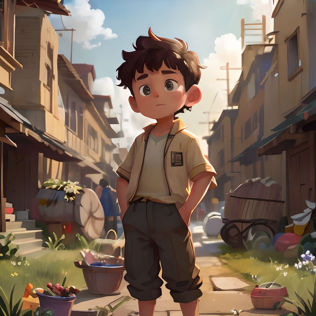 a boy standing in the middle of a street with a basket of fruit in his hand and a building in the background