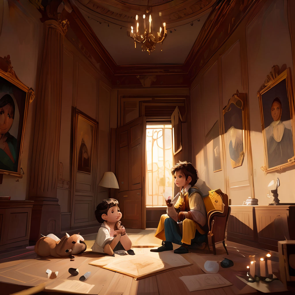 a couple of kids sitting on top of a wooden floor in a room with paintings on the walls and a chandelier