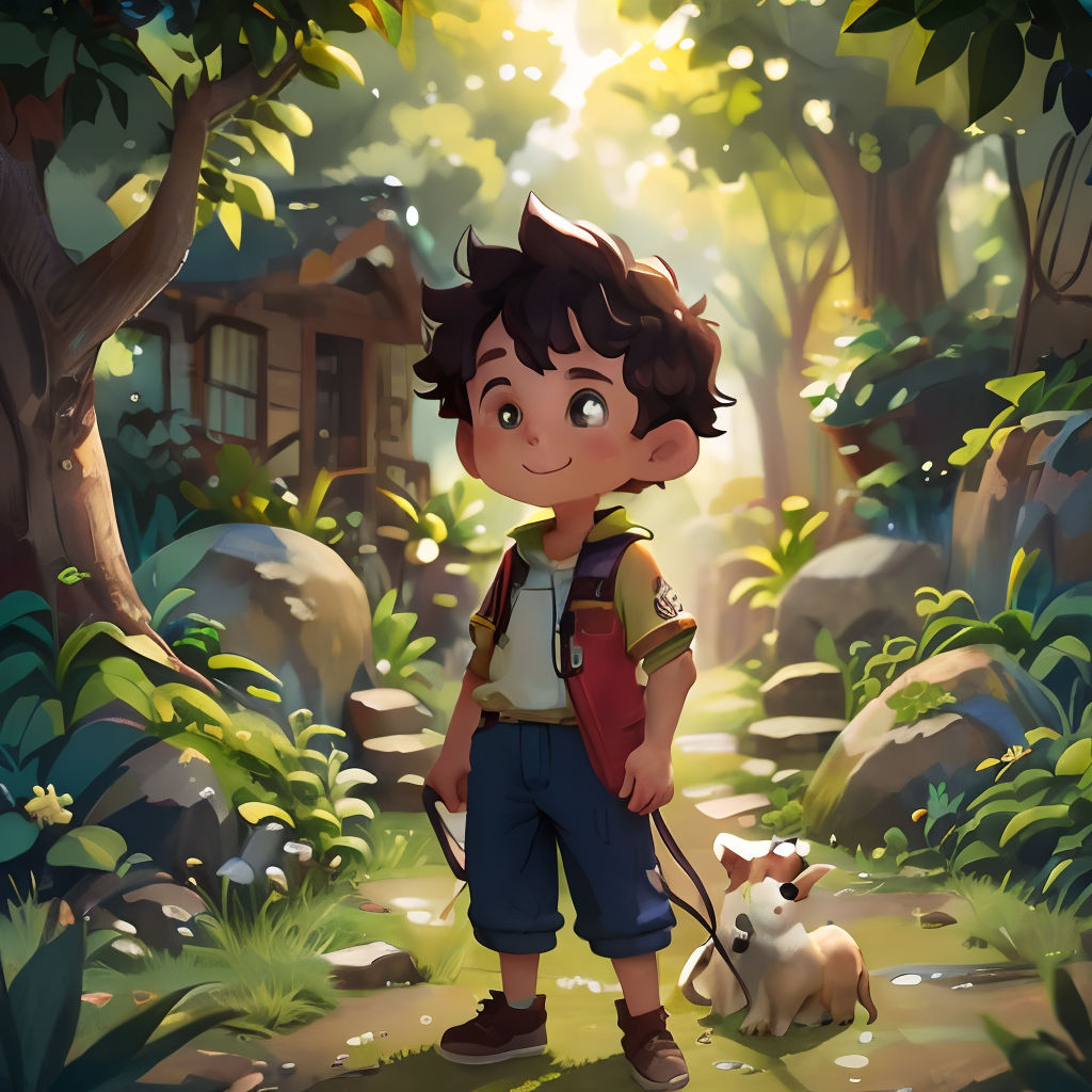 a boy with a backpack and a dog in a forest with a house in the background and a dog on a leash