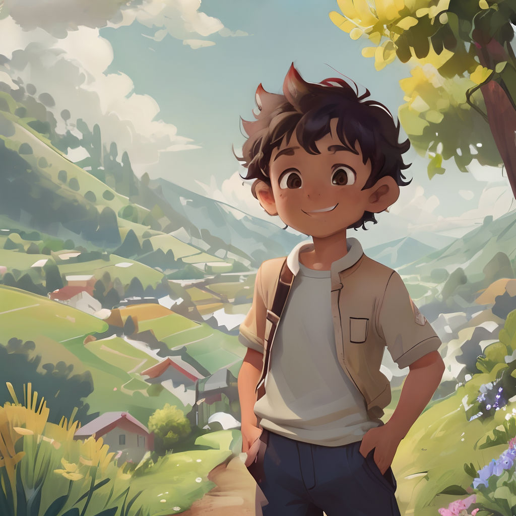 a boy standing in front of a lush green hillside with a forest and a village in the background, with a cat on his shoulder