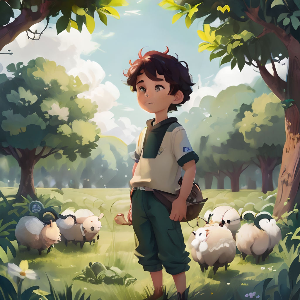 a boy standing in a field with sheep in the background and a forest in the foreground with trees and grass