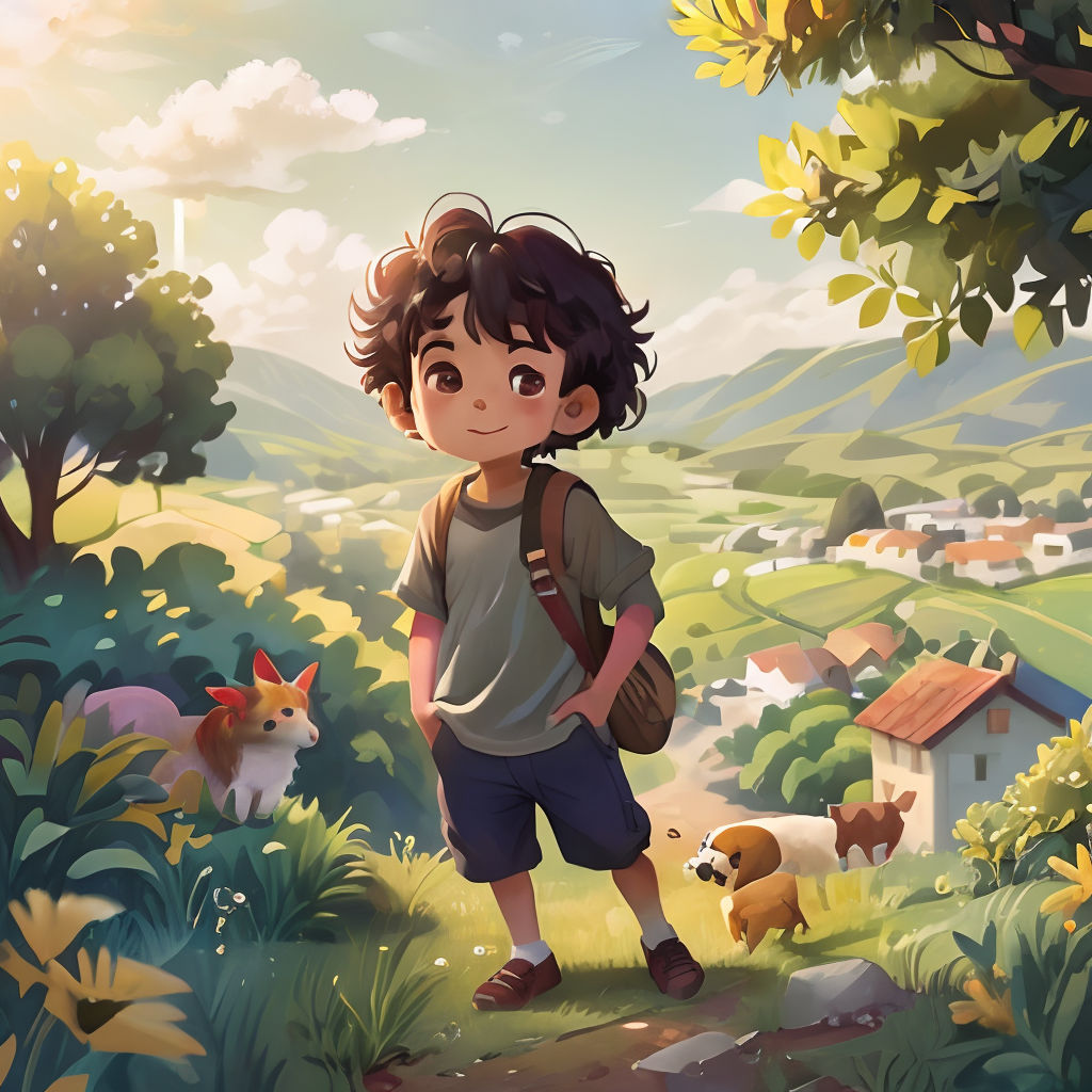 a boy is standing in the grass with a backpack on his shoulder and a dog in the background, and a village in the distance
