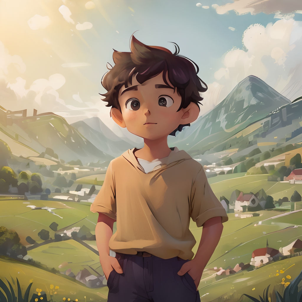 a boy standing in front of a mountain with a valley in the background and a town in the distance