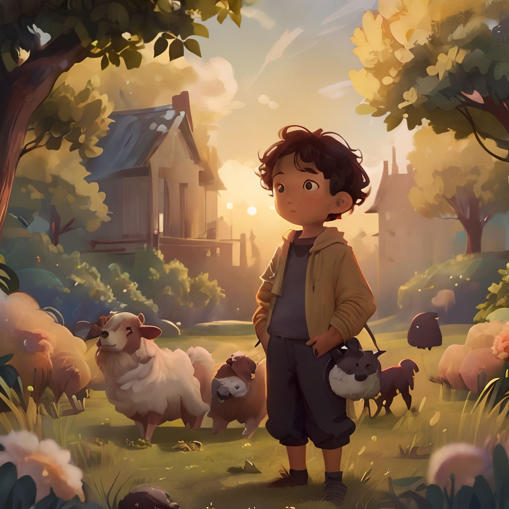 a boy standing in a field with sheep and a house in the background with a sunset in the background
